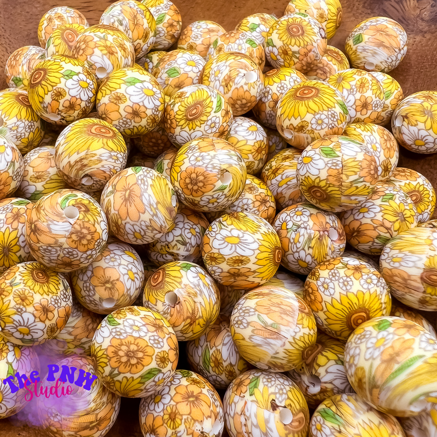 15mm Yellow Flower print bead