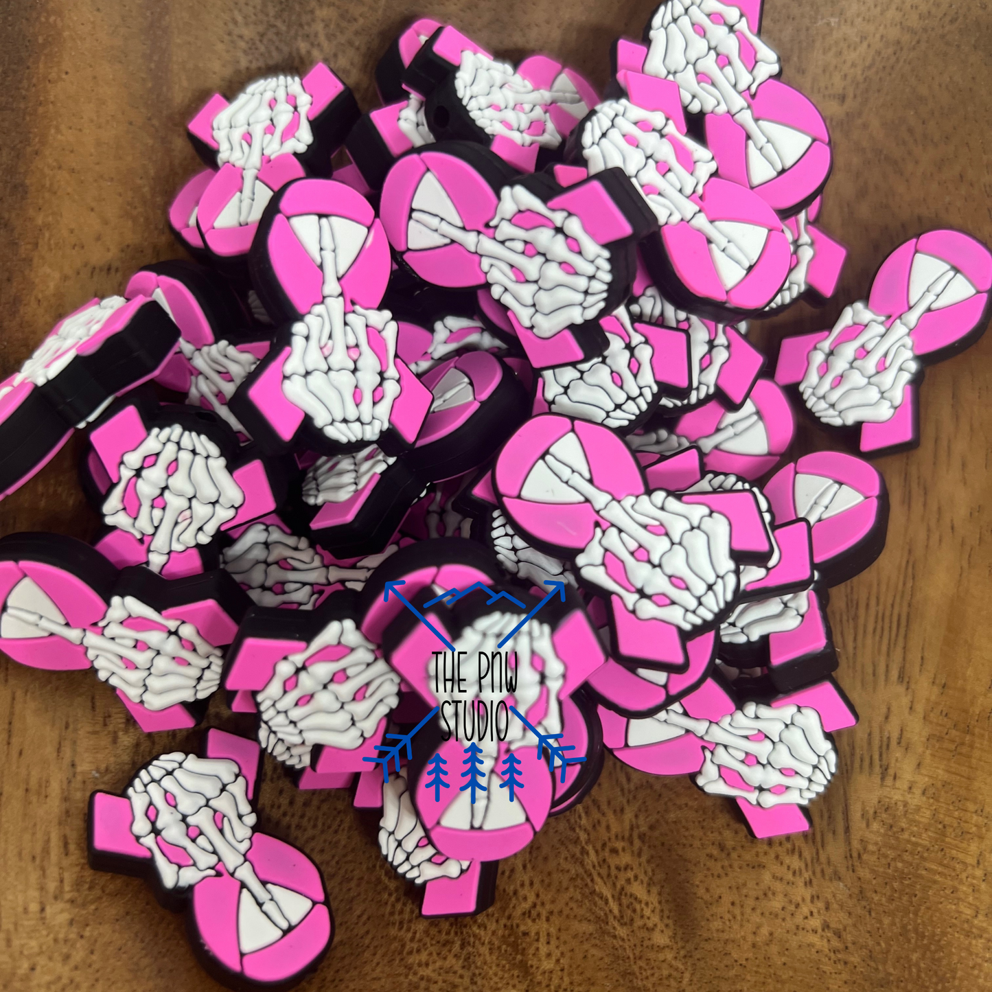 Pink ribbon skeleton hand- cancer awareness focal