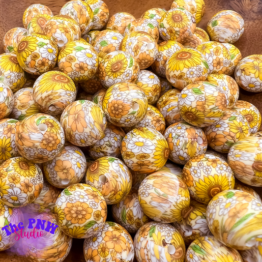 15mm Yellow Flower print bead